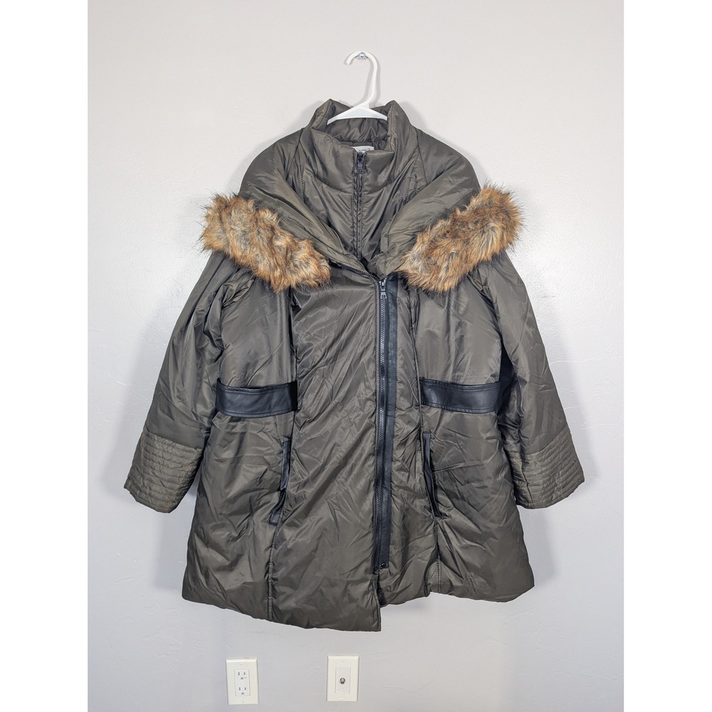 Susan‎ Graver Olive Green Faux Fur Hood Puffer Coat Parka Faux Leather Trim 2X